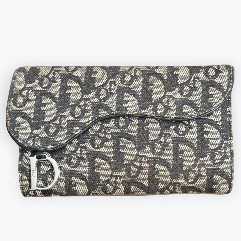 Dior Monogram Canvas Flap Wallet In Black & Beige
